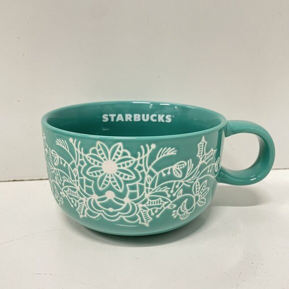 Starbucks 2022 Woodland Etched Ceramic Coffee Soup Mug Ice Cream 16oz Teal - Picture 1 of 4